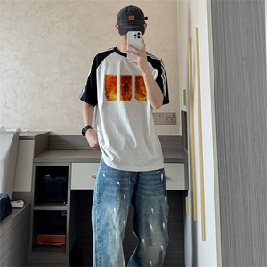 抖音得物品质二开240克宽松纯棉美式潮牌插肩三杠织带短袖T恤图片