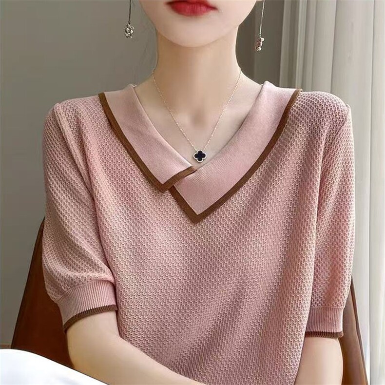 甜美不规则娃娃领天丝针织短袖女夏新款正肩莱塞尔撞色翻领T恤薄,女装T恤,萱芳婷羊绒