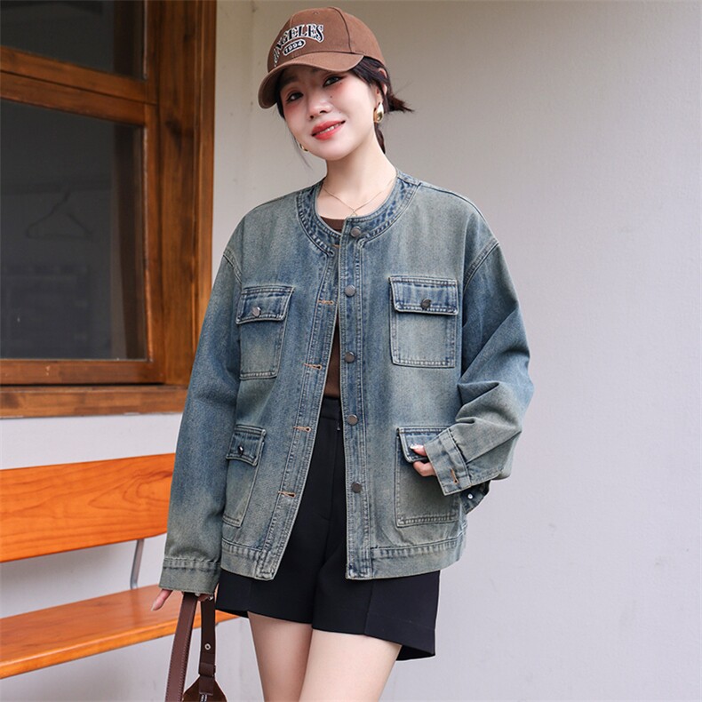 现货复古洗水多口袋牛仔外套女早秋2024新款设计感宽松显瘦上衣，女装牛仔外套，江南女神