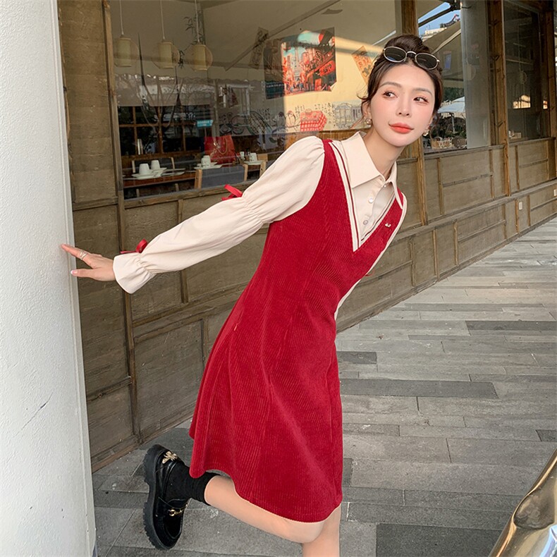 《48H发》时尚可爱气质减龄假两件衬衫V领连衣裙,女装连衣裙,辰辰家