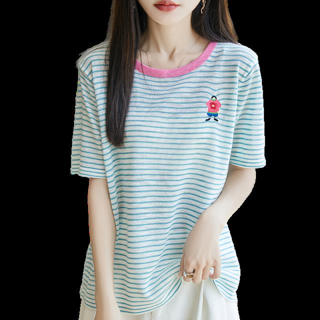 夏季竹节麻针织短袖T恤女圆领条纹刺绣拼色上衣宽松套头半袖打底,女装T恤,菲奥羊绒