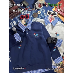 覆古香港风格小众设计对比色拼接假两件套狗狗情侣运动衫图片