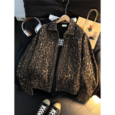 美式豹纹牛仔夹克男女春秋垫肩小众欧美翻领设计感短款宽松外套潮，男装夹克，星座302B