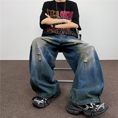 反穿做旧脏脏牛仔裤男士韩版高街2024夏季新款ins长裤RK1803-P65，男装牛仔裤，星座412-2