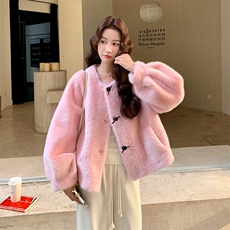 毛绒冬季外套女2025新款小个子羊羔毛甜美立领温柔可爱设计感上衣，女装卫衣/绒衫，欣美人