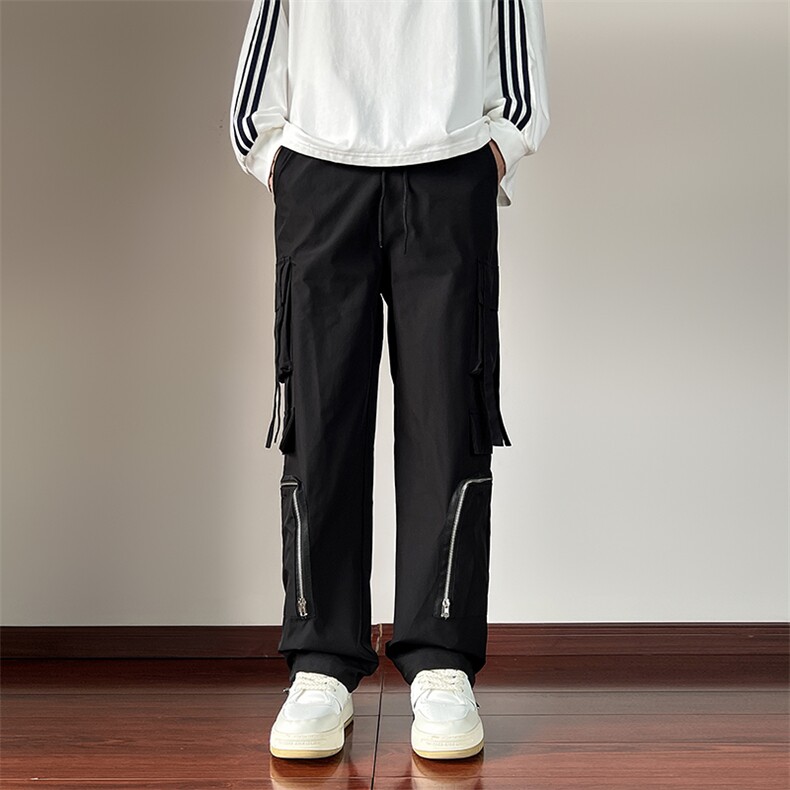 港风秋冬款男工装裤拉链大口袋织带宽松直筒长裤H0095P45,男装休闲裤,星座1013-1