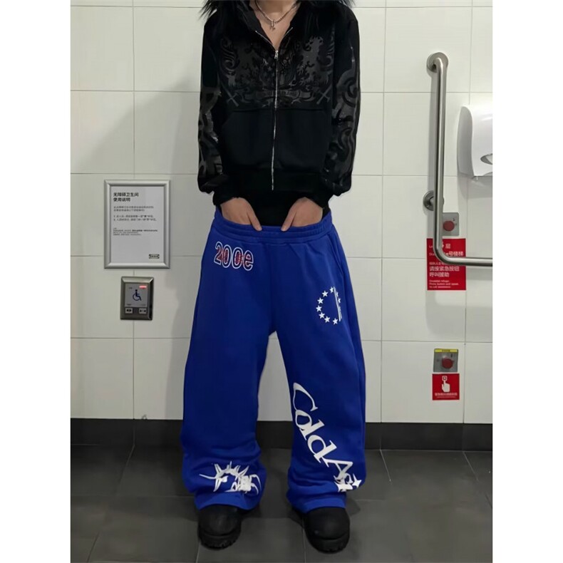 美式街头亚幻蝎子印花蓝色卫裤男女款宽松休闲设计感百搭运动长裤,男装休闲裤,四季星座505