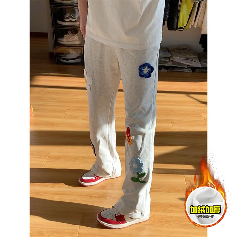 抖音得物高品质秋冬季重磅花卉刺绣潮流运动宽松加绒直筒休闲卫裤，男装休闲裤，电商A486