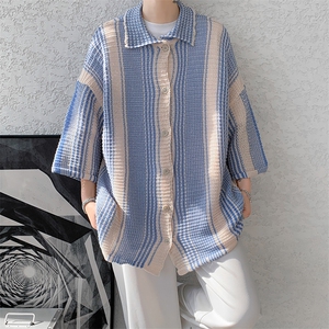 8XL-M 特大码美式撞色新中式短袖衬衫男翻领休闲针织开衫DX312P35图片