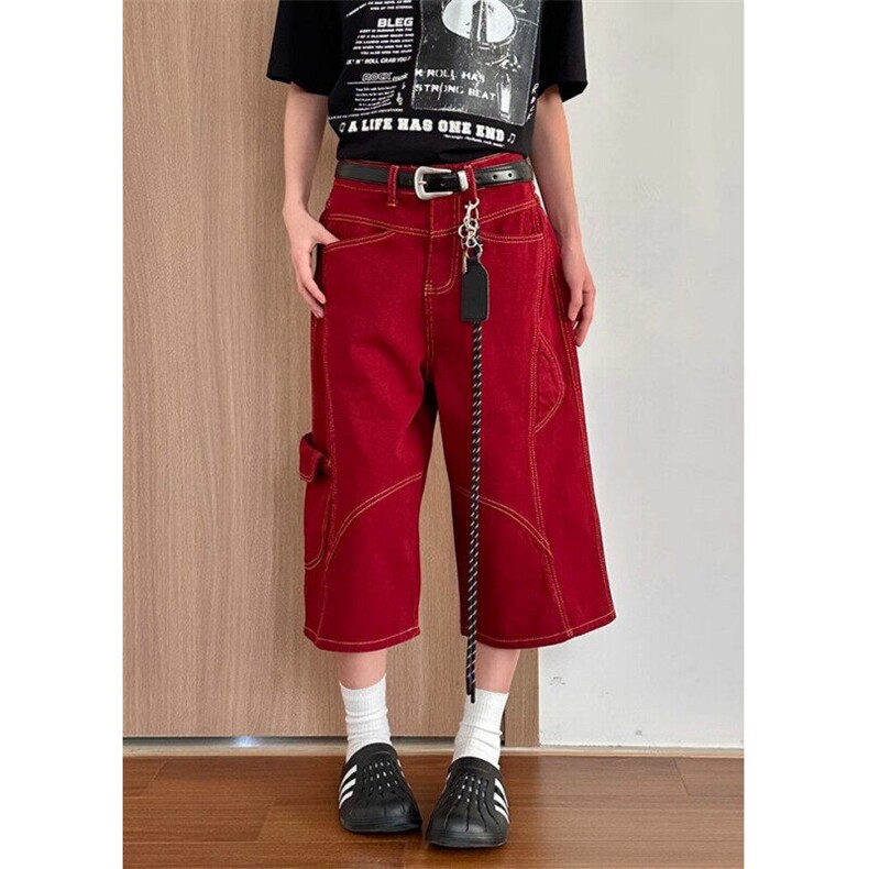 复古红色弯刀牛仔裤男女夏季宽松bf慵懒风休闲百搭七分裤D6723,男装牛仔裤,星座1116A（原606A-3）