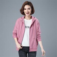 女士拉链纯棉上衣2021春秋季新款连帽纯色抽绳全棉通勤短款外套，女装短外套，伊满意