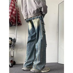 美式复古破洞工装牛仔裤男秋季新款宽松直筒阔腿裤子高街潮牌嘻哈图片