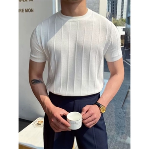 网图有货 夏季坑条圆领上衣针织提花肌理硬挺短袖T恤男 A613-P35图片
