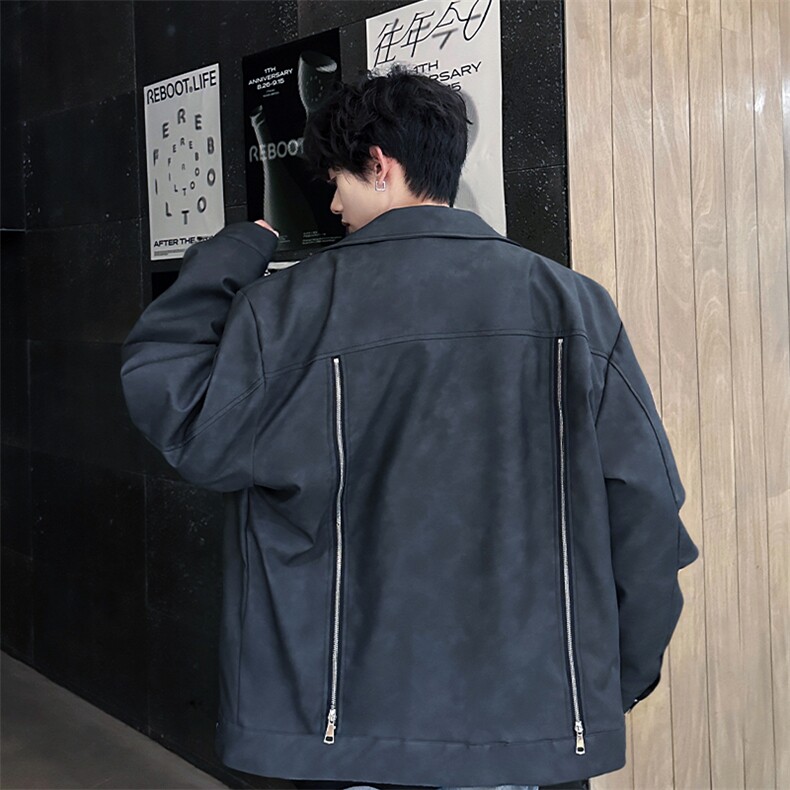 秋冬新款背后双拉链皮衣设计款潮男外套常规P148加棉P168,男装皮衣,电商B319