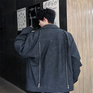 秋冬新款背后双拉链皮衣设计款潮男外套常规P148加棉P168图片