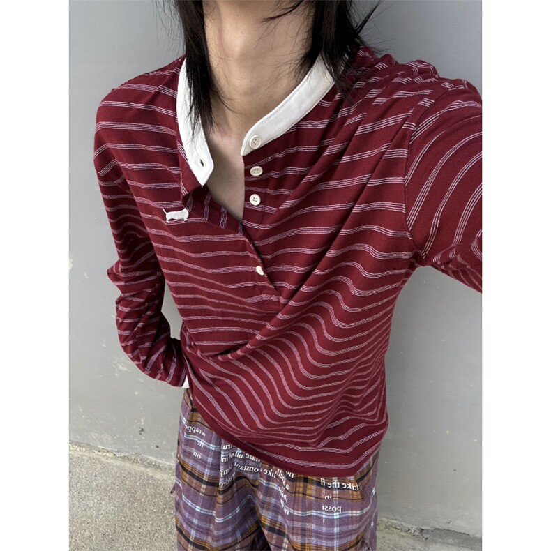 C316 T8357 P48特初秋新款条纹撞色长袖T恤个性T恤衫亨利领女装图片