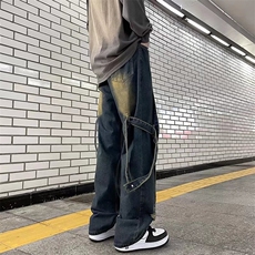 美式高街Vibe复古重工做旧牛仔裤男拼接直筒阔腿长裤K9150-P58，男装牛仔裤，星座1109-3