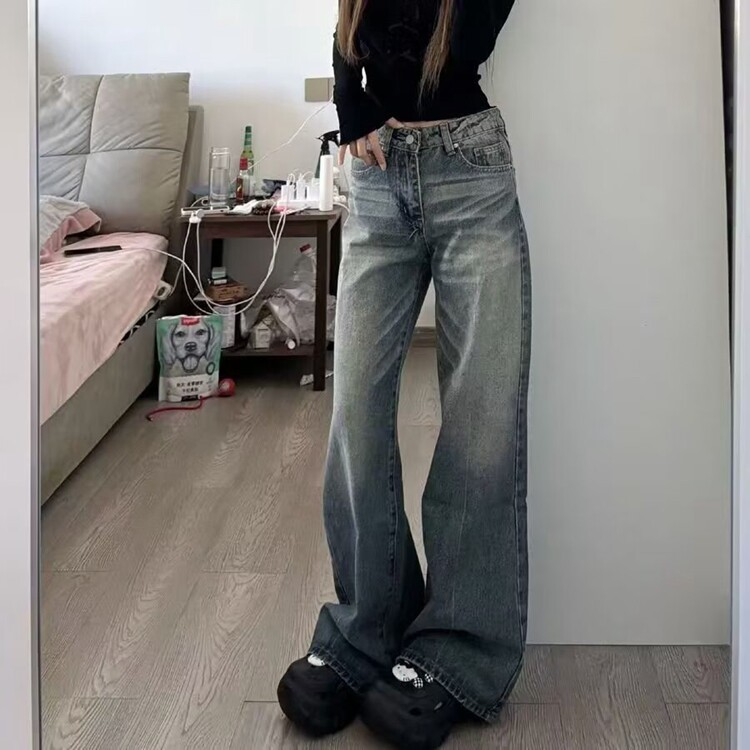 高腰微喇牛仔裤女2026年夏季新款美式辣妹弹力修身显瘦垂感拖地裤,男装牛仔裤,星座218-8