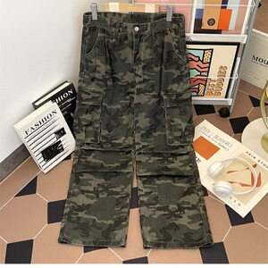 多口袋迷彩工装裤男春秋季复古宽松休闲褶皱阔腿直筒裤AMK86 P54图片