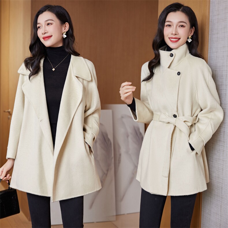时尚显瘦系带双面羊毛呢大衣女外套气质百搭修身长款风衣,女装双面呢大衣,阿舍尔精品