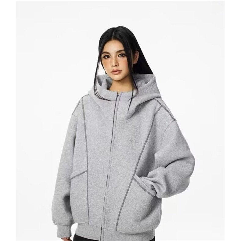 F39-P54重磅复古明线高领连帽卫衣男女2025春秋机能风垫肩棒球服，女装职业装，电商B323A