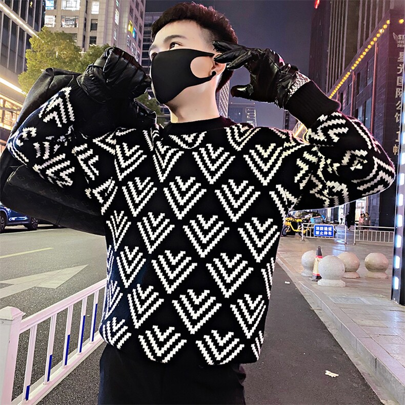 LV145/P98控138冬季社会小伙黑色菱形针织毛衣男图首2,男装针织衫/毛衣,星座305B