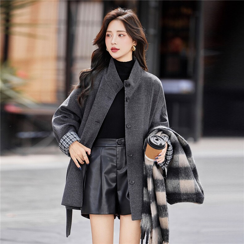韩系格子拼接毛呢外套女2025秋冬新款系带显瘦百搭气质中长款大衣，女装毛呢外套，靓衣阁