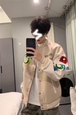 杏色毛呢拼接皮衣外套休闲彩虹碎花刺绣棒球服JK295特P50，男装皮衣，星座908-1