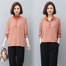 2022秋季新款半开条纹卫衣时尚优雅套头长袖休闲立领卫衣，女装卫衣/绒衫，独衣靓