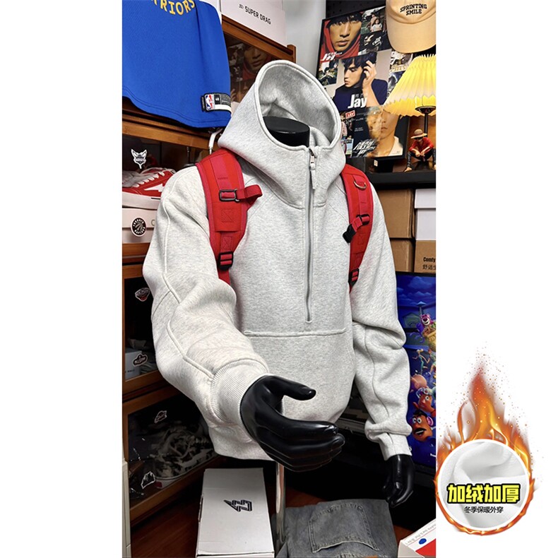 480G重磅加绒硬挺boxy男女秋冬美式高街结构半拉链卫衣开衫厚外套，女装短外套，电商A486