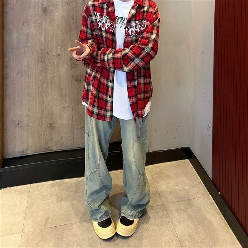 复古红色格子刺绣衬衫男女潮牌长袖高街情侣款衬衣外套WLC066-P34,男装衬衫,星座1008