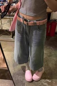复古高街水洗牛仔裤子女夏季高腰直筒阔腿七分裤中裤-网图图片
