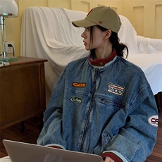 潮牌美式复古立领做旧情侣牛仔外套男春季贴布机车赛车服夹克上衣，男装工装外套，星座1210-1