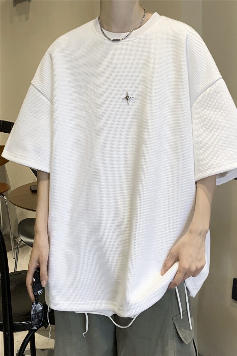 2023男生夏季新款圆领短袖上衣华夫格纯色五分袖JK23260-p28-控39,男装T恤,星座605(原A050)