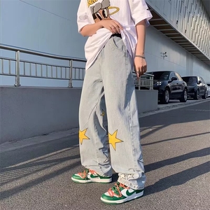 春秋牛仔裤男生宽松直筒港风百搭刺绣潮嘻哈ins潮牌阔腿长裤ins图片