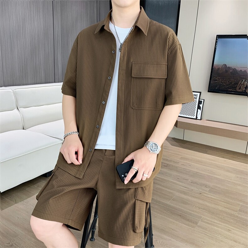 T618-P88夏季薄款衬衫套装男士宽松潮流纯色透气千鸟格两件套,男装衬衫,星座507A（原星座306B-2）