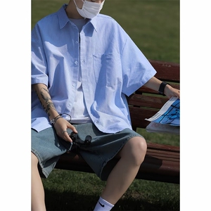 条纹短袖衬衫男夏季新款潮流美式情侣宽松休闲衬衣外套C2018-P30图片