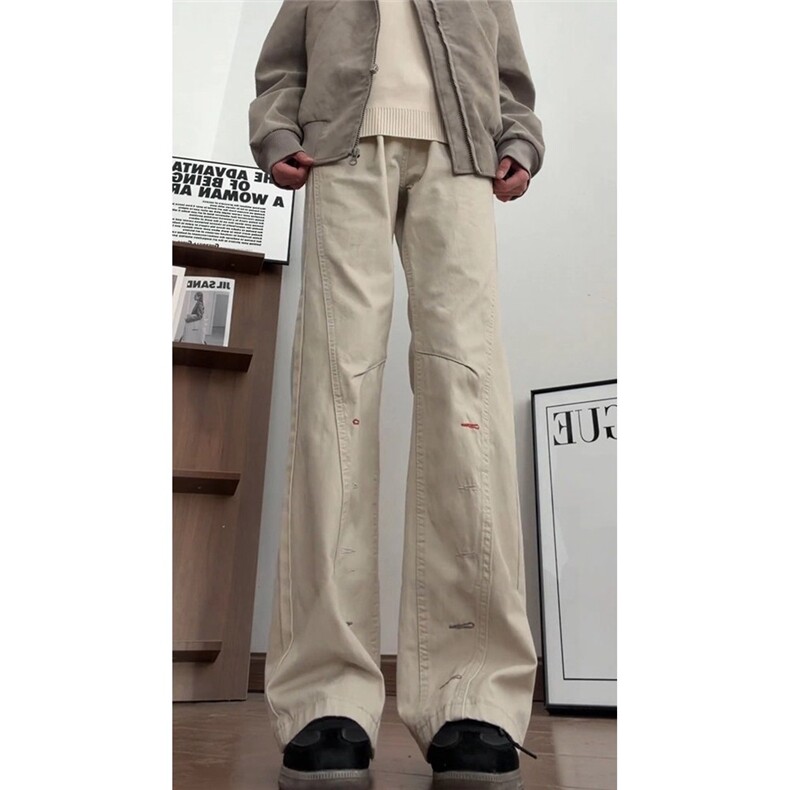 cleanfit纽扣孔刺绣斜切休闲裤男女休闲裤直筒微喇长裤H0794 P43图片
