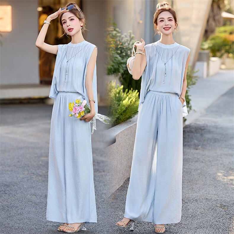 小个子穿搭一整套阔腿裤女2025夏新款高级感减龄连体裤，女装连体裤，魅丽静蓝