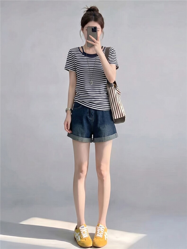 慵懒风时尚休闲套装女夏季新款圆领条纹短袖上衣牛仔短裤两件套潮,女装套装/套裙,江南