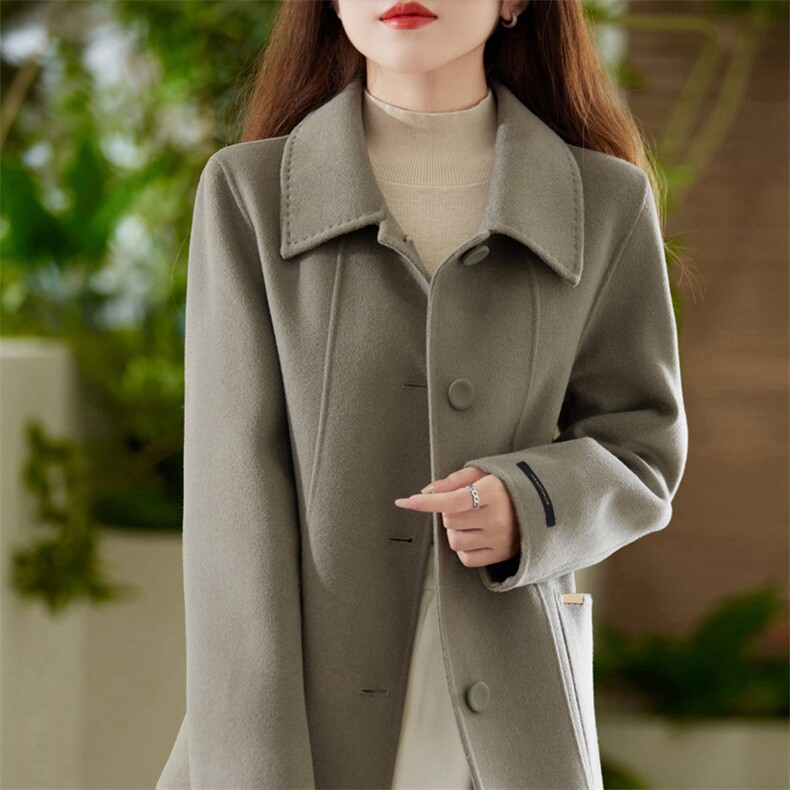 显瘦垂顺翻领双面羊绒大衣女小个子中长款羊毛2025秋冬新毛呢外套,女装双面呢大衣,赛欧妮