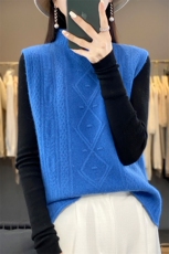 25秋冬新款半高领提花100%纯羊毛马甲女无袖开叉背心宽松羊绒坎肩，女装马甲，德晨羊绒