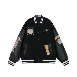 皮袖刺绣棒球服夹克百搭简约气质慵懒流行新款时尚潮HH164 P70图片