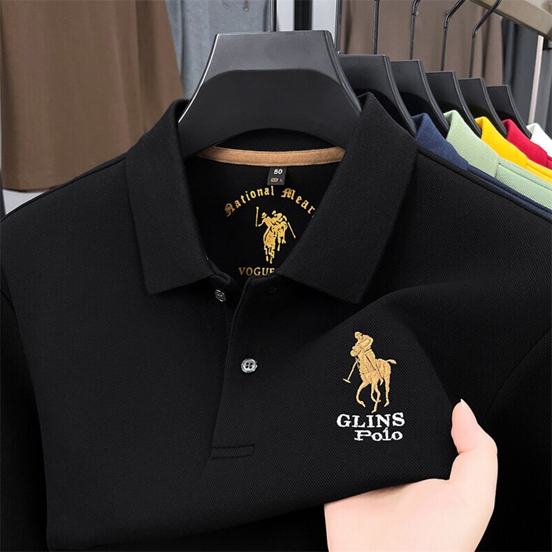 高端长袖t恤男秋冬新款黄色刺绣POLO衫中青年轻奢商务翻领上衣服,男装T恤,电商B212（原钱塘6029）