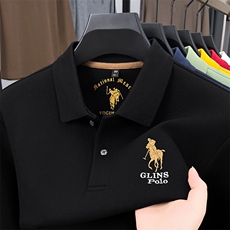 高端长袖t恤男秋冬新款黄色刺绣POLO衫中青年轻奢商务翻领上衣服，男装T恤，电商B212（原钱塘6029）