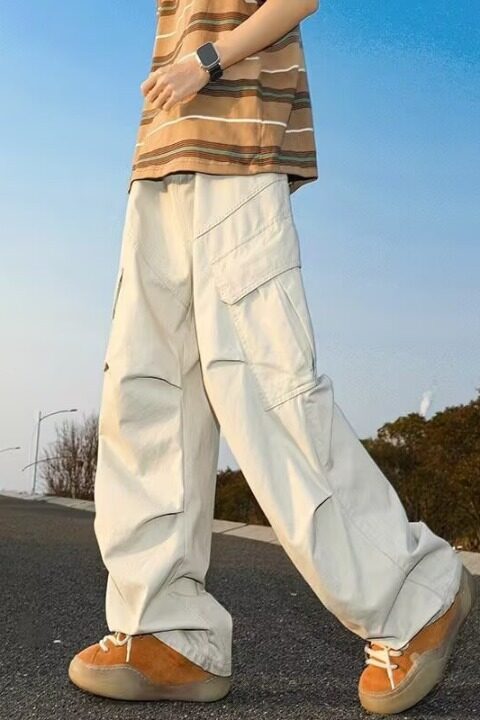 杏色美式街头工装裤男春秋季设计感宽松痞帅垂坠感直筒裤子休闲裤,男装工装外套,星座218-1（原230）