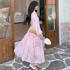 法式度假风v领系带碎花长裙2025春夏新款温柔风女人味高腰连衣裙，女装连衣裙，天使之佳话