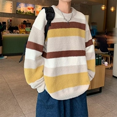 撞色条纹保暖水貂绒毛衣男款秋冬宽松休闲情侣圆领针织衫MY420，男装针织衫/毛衣，星座1116A-1（原606A）