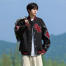 JK5872-P85美式拼接刺绣皮质撞色棒球服飞行员夹克外套控149，男装夹克，星座109
