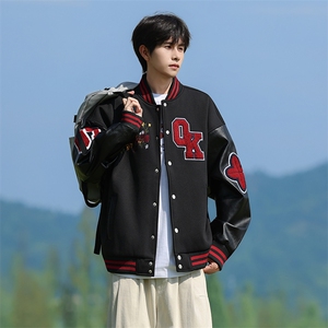JK5872-P85 美式拼接刺绣皮质撞色棒球服飞行员夹克外套 控149图片